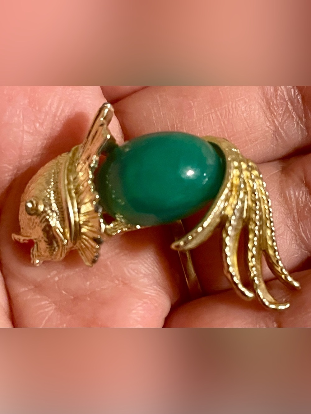 Gold-Tone Fish Brooch with Teal Green Cabochon